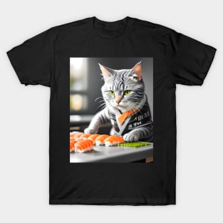 Cat Eating Sushi - Modern Digital Art T-Shirt